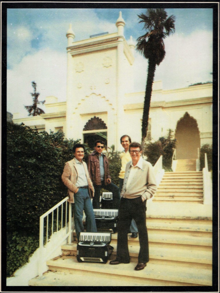Frank and friends. Left to right: Frank Marocco, Pete Jolly, Kenny Kotwitz, Art Van Damme.